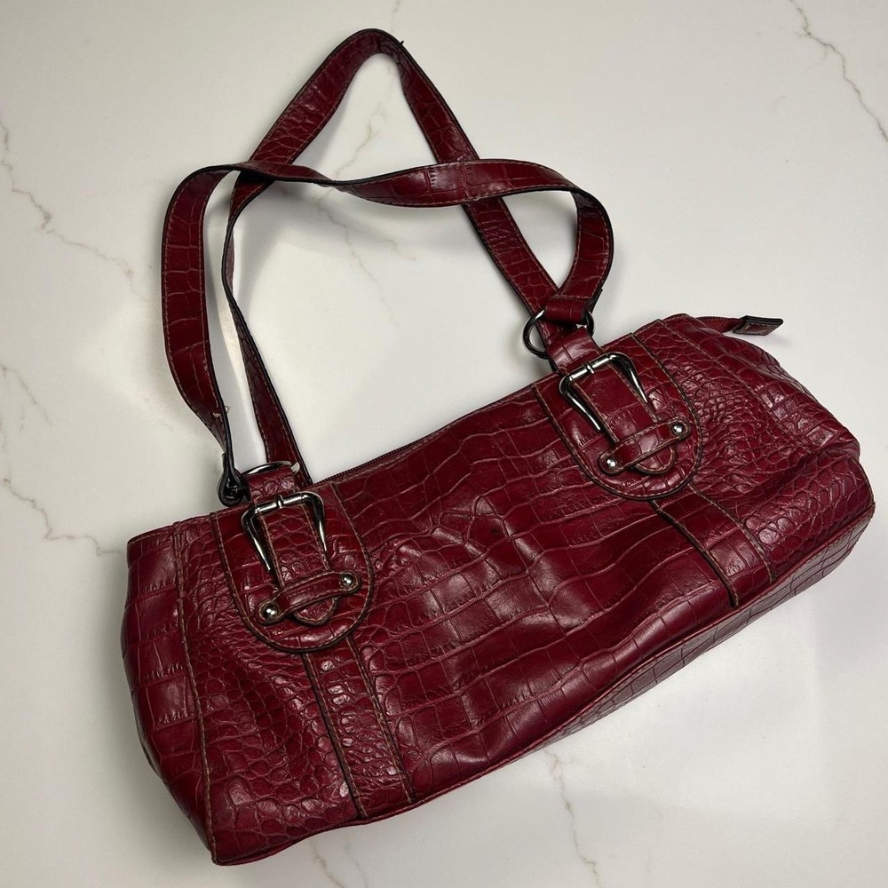 Croft & Barrow Shoulder Bag Womens Burgundy Faux Croc Embossed Buckle Detail